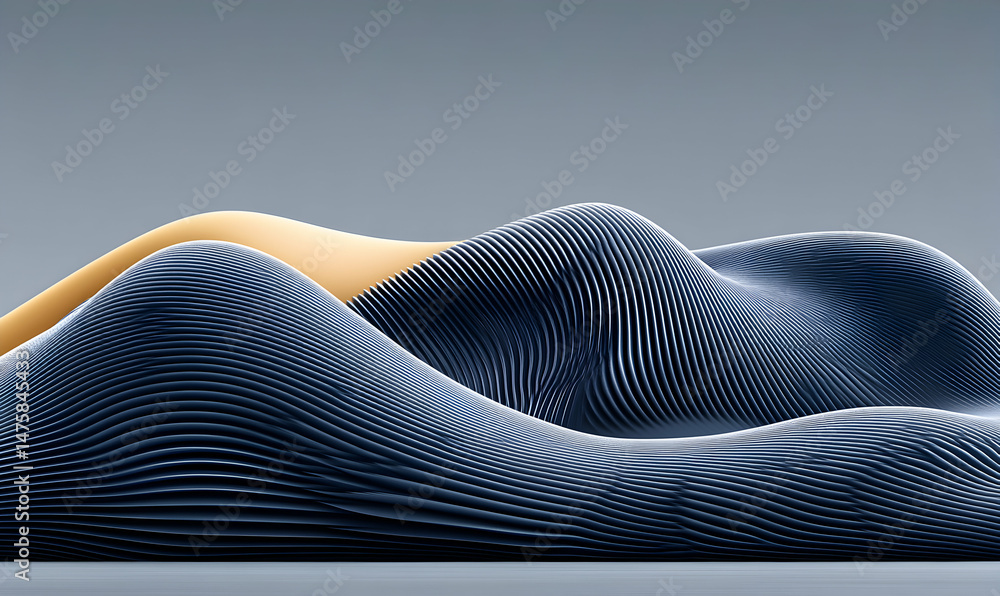 Poster abstract 3d render of flowing, textured forms in navy blue and gold, creating a dynamic and modern v