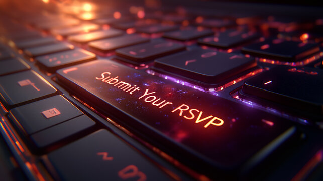 Close-up of a keyboard with the words "Submit Your RSVP" illuminated, suggesting digital interaction and event registration.