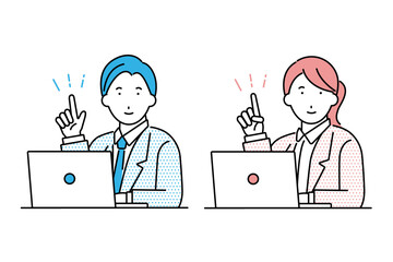 ノートパソコンを使いながら指差しをするビジネスマンとビジネスウーマンのイラスト