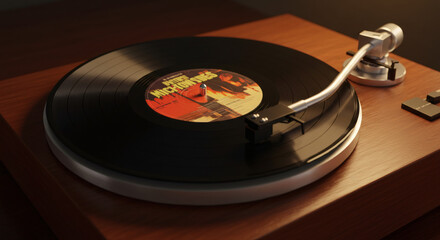 A detailed shot of a retro record player playing a vinyl record with the tonearm in place.
