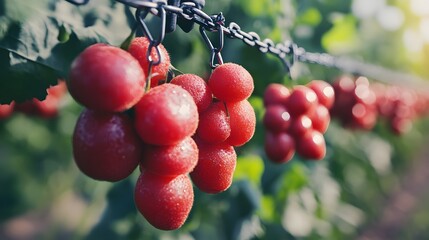 Obraz premium Freshly harvested tomatoes hanging from vines.