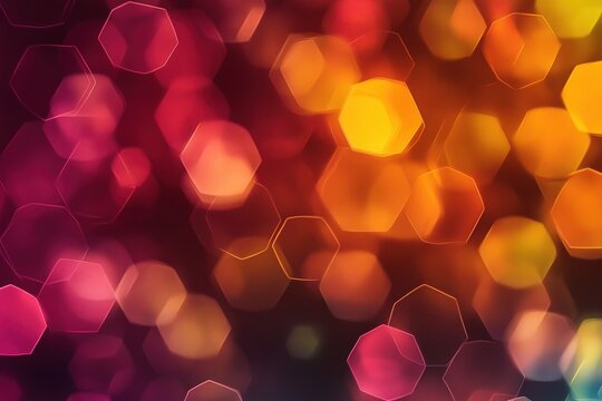 Abstract bokeh background featuring glowing hexagonal shapes in vibrant red, orange and yellow colors with soft blurred effect.
