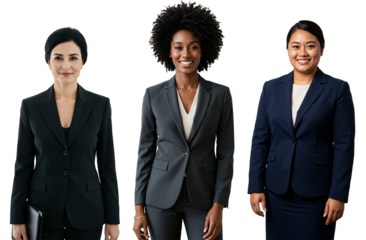 Three diverse adult women in professional business suits smiling and standing together against a transparent background, representing corporate teamwork and leadership.