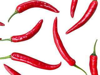 falling red hot chili peppers isolated on white background
