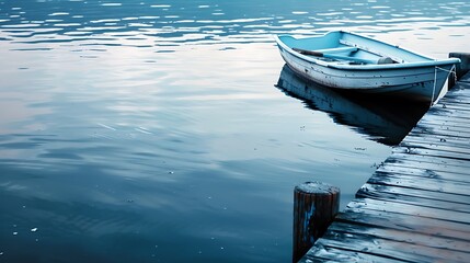White Boat Tied To Wooden Dock On Still Water Reflecting Blue Sky