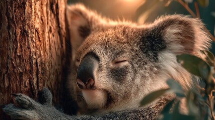 Sleepy koala resting against a tree trunk