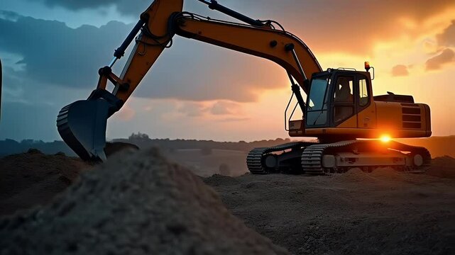 Heavy excavator working in dirt during golden sunset  
