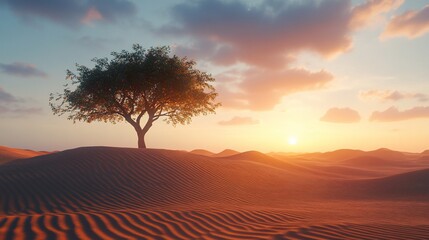 Lonely tree on desert dunes, sunset sky