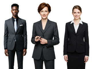 Three diverse business professionals, including a young Black man and two Caucasian women of different ages, standing in suits against a transparent background.