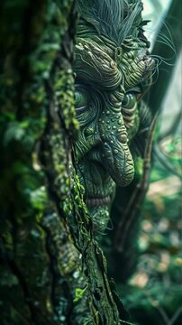 Video with Kikimora, Slavic forest spirit hiding behind tree trunk. She has mystical fairy-tale image with detailed textures. For fantasy films, folklore projects, horror films, fairy-tale character