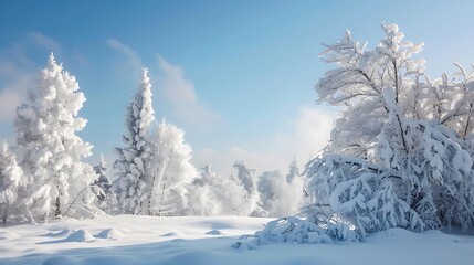 Obraz premium Winter Forest Scene with Snowy Trees and Blue Sky Sunlight and Frost