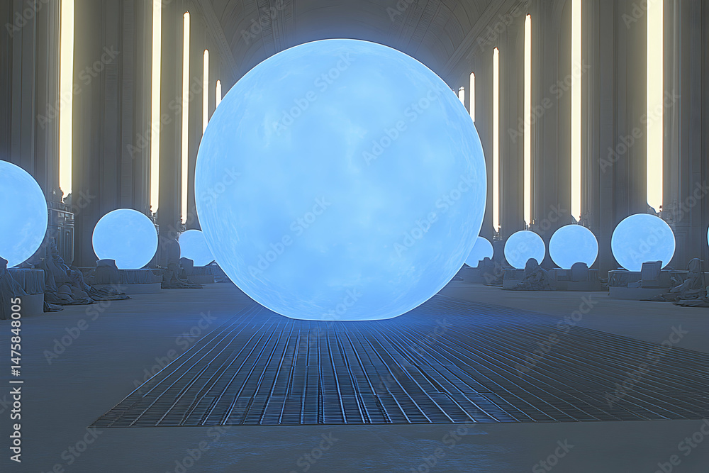 Poster ethereal glowing spheres illuminate a grand hall, creating a surreal and futuristic atmosphere. the 