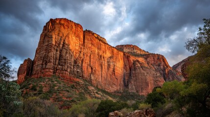 Majestic Red Rock Formation Under Dramatic Cloudy Sky at Zion