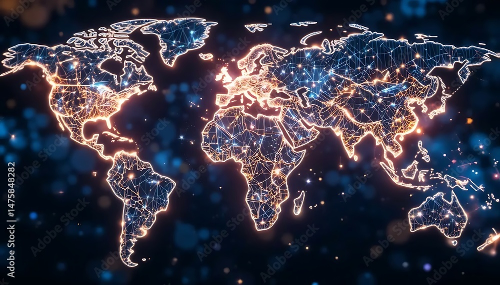 Poster digital world map glows with connections, symbolizing global network and interconnectedness concept.