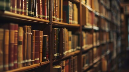 Wooden Bookshelves Displaying Rows Of Books In A Library Setting with Brown Tones and Soft Lighting