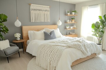 Cozy bedroom featuring a bed with a white blanket, chair, and wooden accents