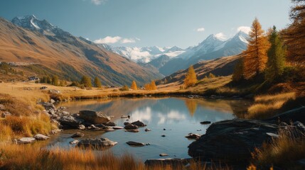 Naklejka premium Serene Mountain Landscape with Vibrant Autumn Colors and Reflection