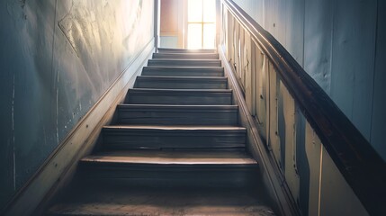 Wooden Staircase Ascending Towards Bright Light Through Window In An Old Building
