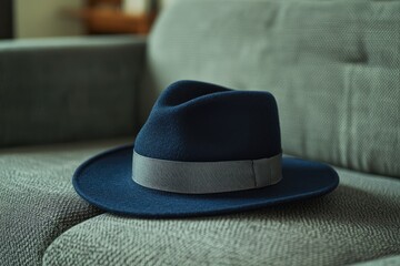 A dark blue fedora rests on a gray couch