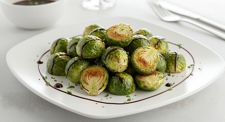 Serving Brussels Sprouts with Balsamic Glaze on White Plate