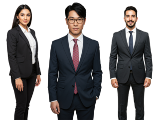 Diverse group of three young adult business professionals, including a Middle Eastern woman, an Asian man, and a Middle Eastern man, standing in suits against a black studio background.