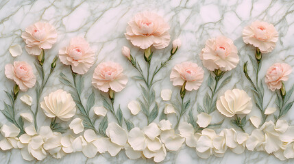 Elegant arrangement of delicate blush pink carnations and petals artfully placed on a marble background.  Perfect for wedding invitations, beauty, or feminine product advertising.