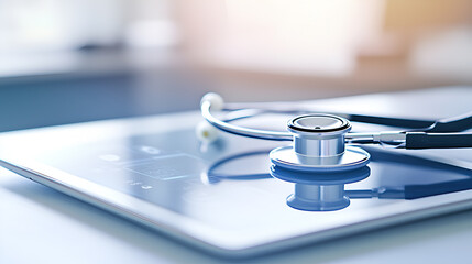a stethoscope on top of a digital tablet, suggesting medical care and technology innovation