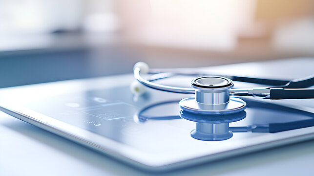 a stethoscope on top of a digital tablet, suggesting medical care and technology innovation