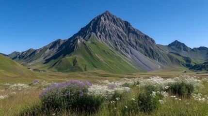 Fototapeta premium Stunning Mountain Landscape with Green Fields and Wildflowers