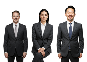 Studio portrait of a diverse business team: a middle-aged Caucasian man, a young adult Asian woman, and a young adult Asian man in professional suits against a transparent background.