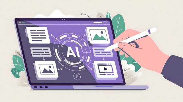 Ai Powered Content Creation Process Illustration On Laptop Screen With Stylus Pen Digital Hand Concept Demonstrating Intelligent Digital Workflow For Creative Designers