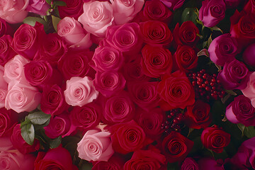 A vibrant collection of pink and red roses, densely packed together, creating a lush and romantic floral backdrop. Ideal for Valentine's Day, wedding invitations, or romantic themes.