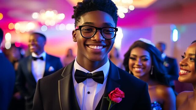 Young man in tuxedo smiles at a vibrant prom night celebration with friends in elegant attire