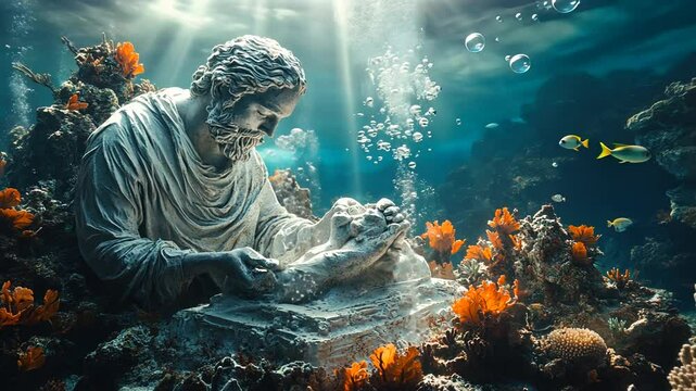 Underwater statue of a philosopher surrounded by coral