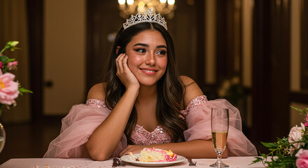 Beautiful teenager smiling and wearing crown at quinceanera party