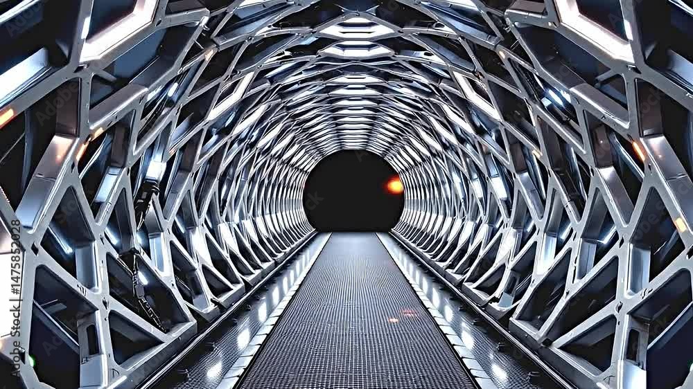 Fototapete futuristic tunnel sleek metallic design. tunnel illuminated bright glowing lights that create sense 