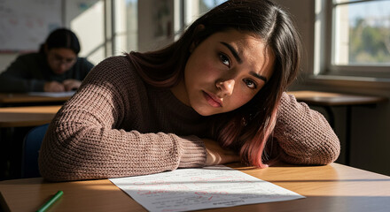Sad young student looking at failed exam in classroom