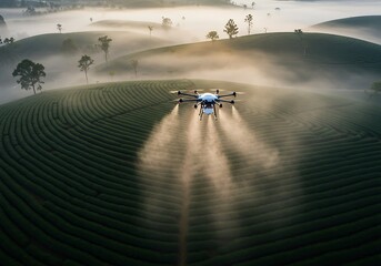 Drone Spraying Crop on Green Field in Foggy Landscape