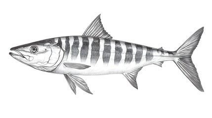 Detailed drawing of a striped fish in profile view.