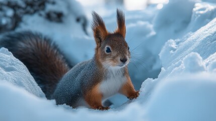 Adorable Squirrel in Snowy Landscape with Snowflakes in Background