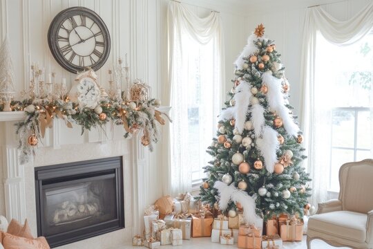 Decorated Christmas Tree with Gifts and Fireplace Clock in Bright Interior