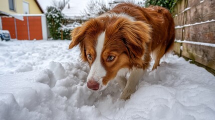Playful Dog Exploring Snowy Landscape in Winter Wonderland Scene