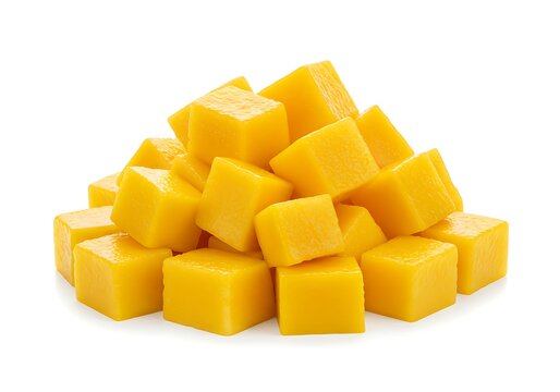 A pile of fresh mango cubes on a white background