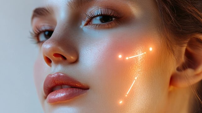 Close up of young womans glowing skin with digital facial mapping lights, representing futuristic skincare technology and face diagnostics