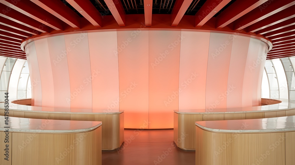Poster contemporary architectural interior with illuminated cylinder and counter space modern design elemen