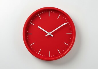 Close up of a red clock with white hands on white wall