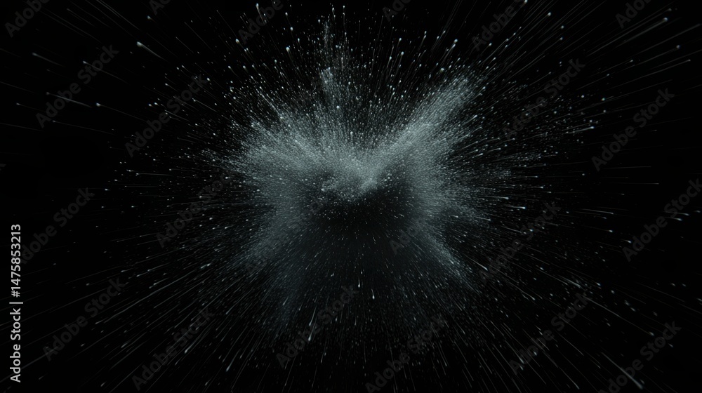 Poster a burst of fine particles or powder explodes outward against a black background, creating a dynamic,