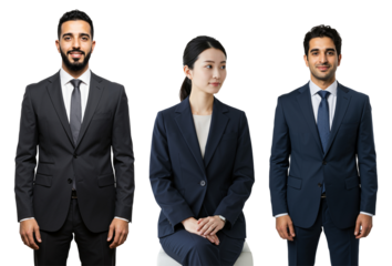 Three diverse business professionals, two Middle Eastern men standing and one East Asian woman sitting, wearing suits against a transparent background in a studio portrait.