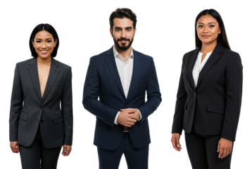 Diverse group of three business professionals, two Asian women and one Middle Eastern man, wearing formal suits and standing confidently against a black studio background.