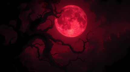 Red full moon glowing in a dramatic night sky with silhouetted twisted tree branches creating an eerie and atmospheric scene. [Cursed Menagerie] | Bleeding Nest | crimson sky. Illustration